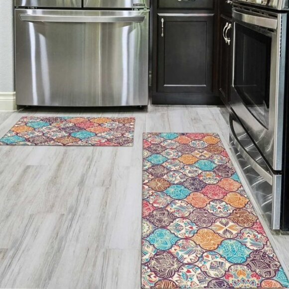 Boho Floral Kitchen Bath Rugs Mat Non-Slip Washable Runner 2pc - Picture 2 of 8